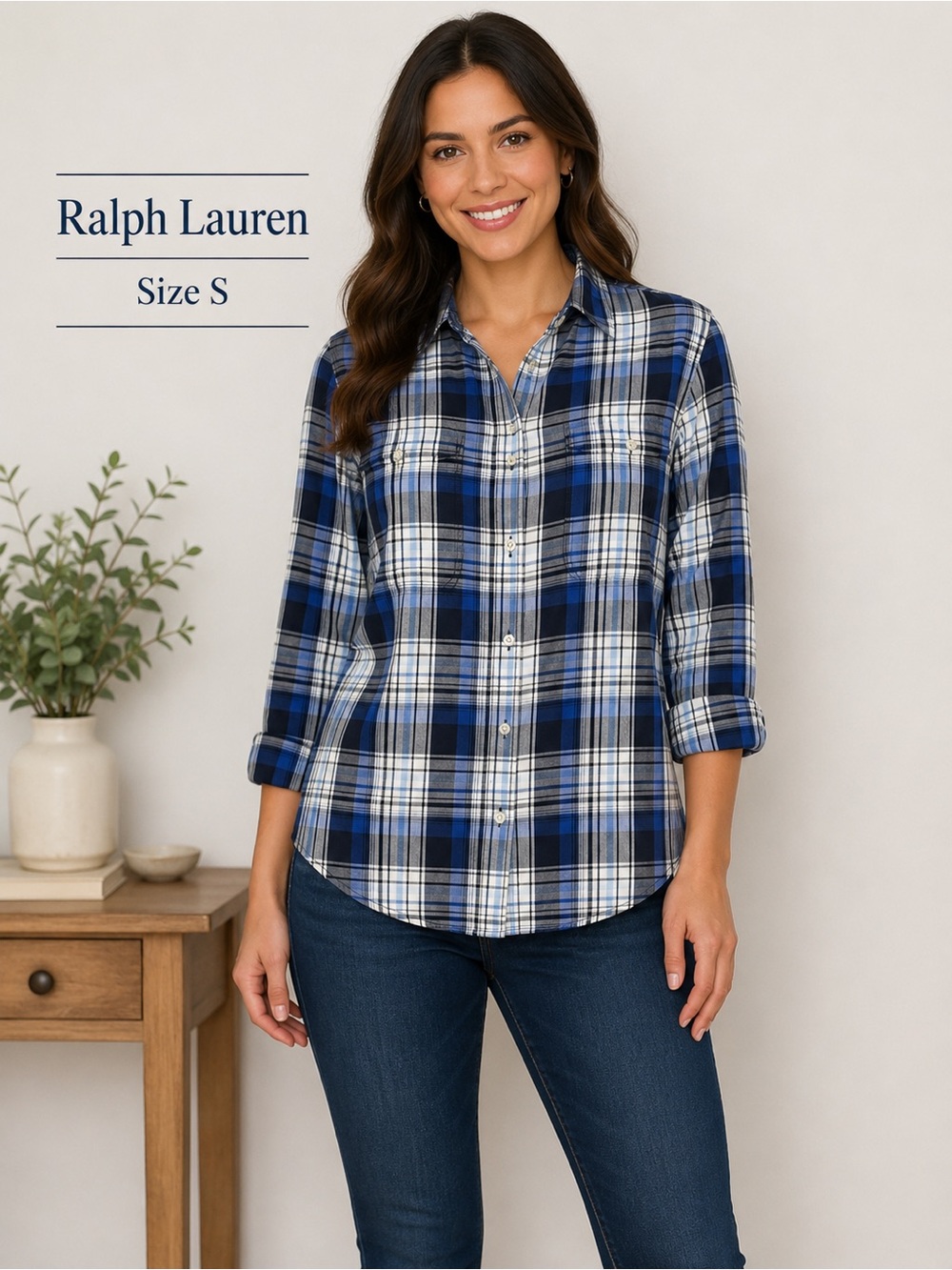 Ralph Lauren Navy and White Long sleeve plaid Checkered Shirt/size S